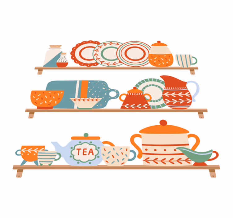 Vinyl vloerkleed keuken servies op de plank - TenStickers