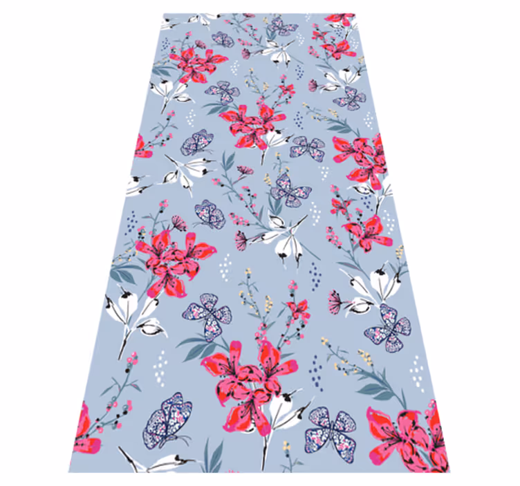 Vinyl tapijt natuur abstracte rode bloemen met vlinders - TenStickers
