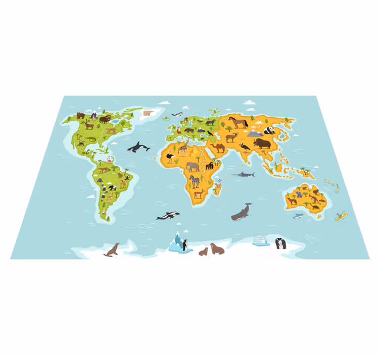 Vinyl tapijt wereldkaart dieren en planten - TenStickers
