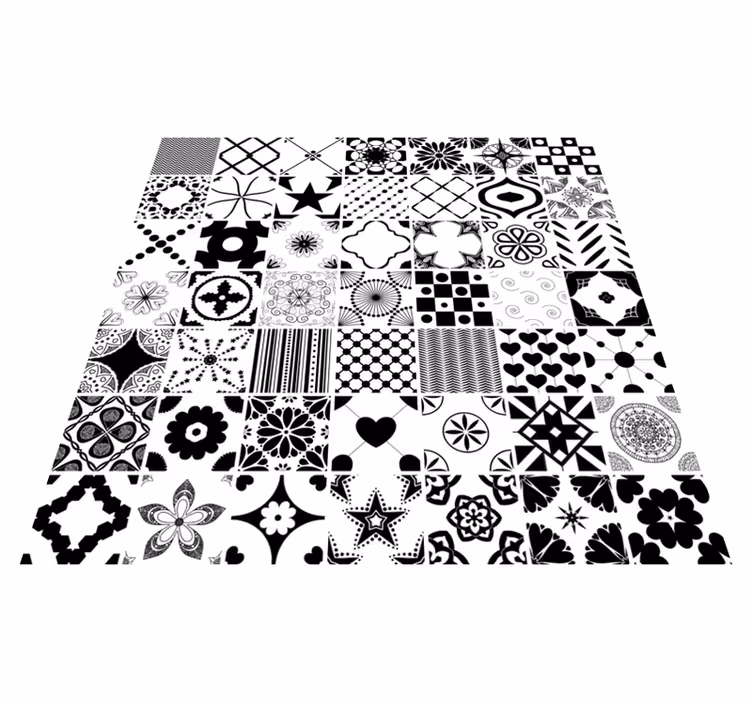 Geometrisch zwart-wit Hydraulische tegels vinyl tapijt - TenStickers