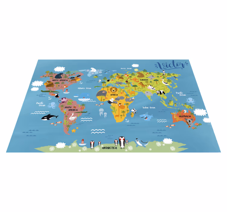 Vinyl vloerkleed voor kinderen wereldkaart met dieren - TenStickers