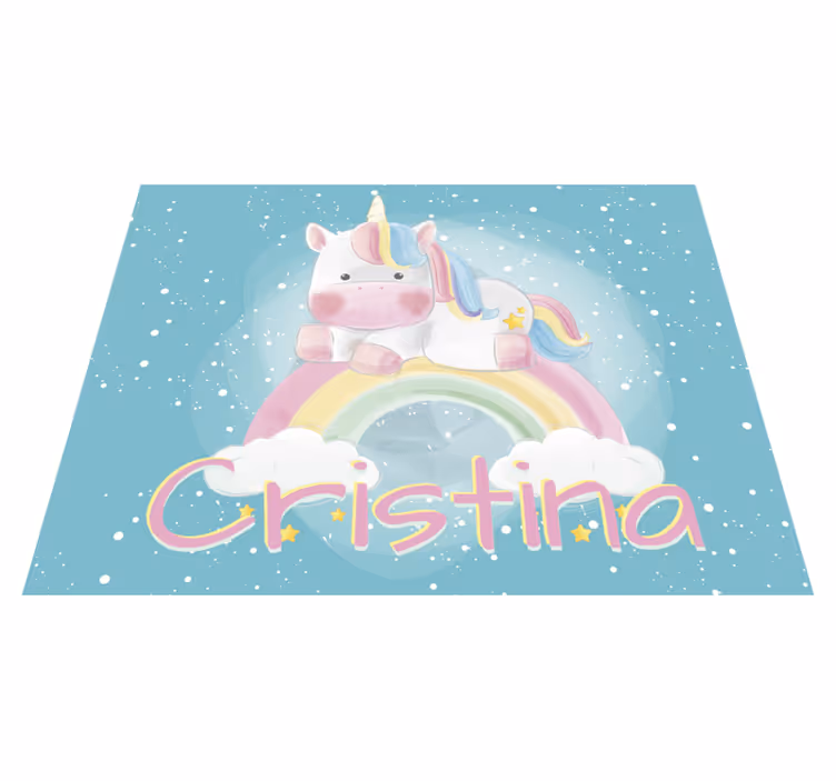Eenhoorn met regenboog en naam vinyl tapijt - TenStickers