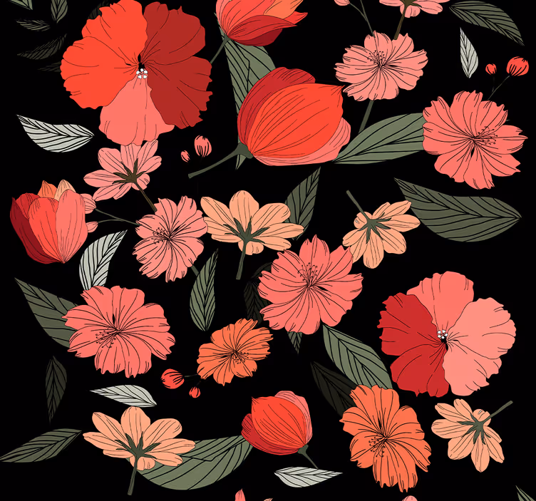 Zwart patroonmotief behang bloemen - TenStickers