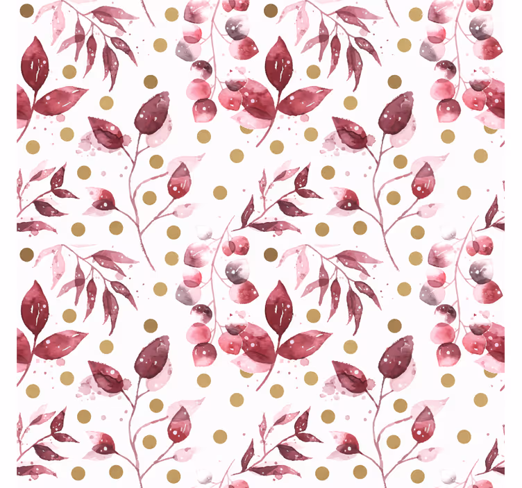 Behang bloemen bordeaux bladeren met gouden stippen - TenStickers