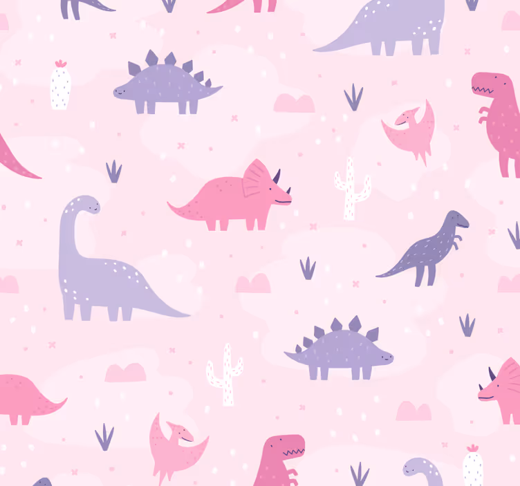 Dino behang roze achtergrond - TenStickers