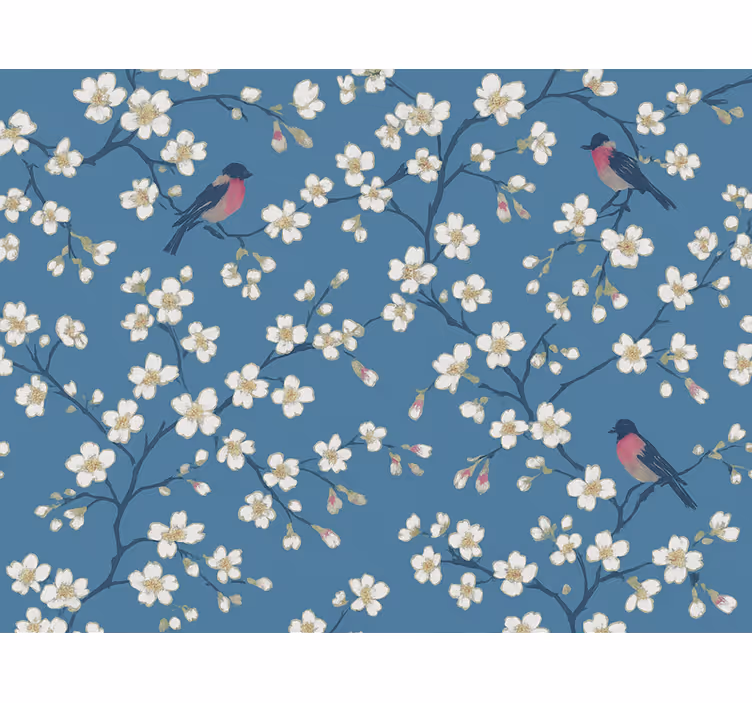 Behang bloemen blauwe boomvogels - TenStickers