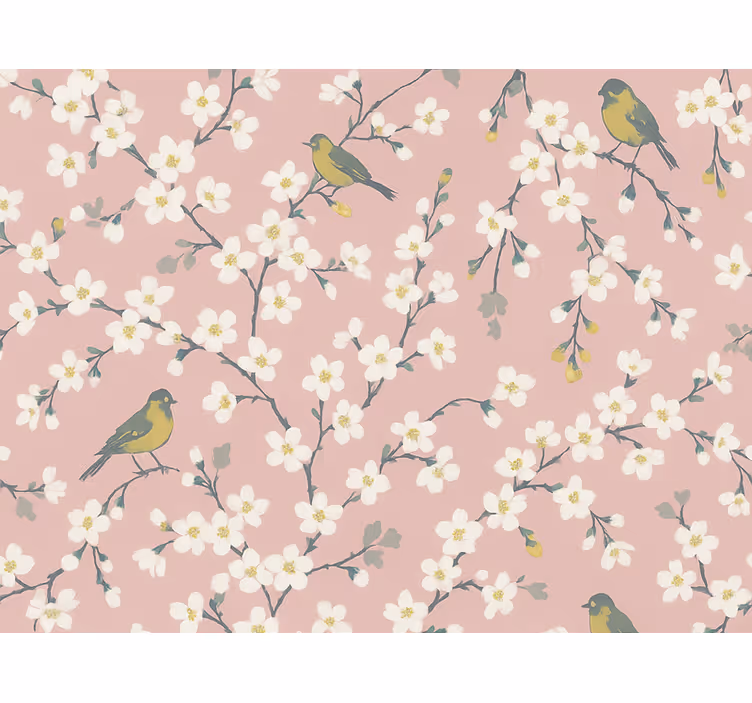 Behang bloemen roze boomvogels - TenStickers