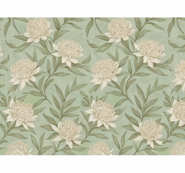Woonkamer behang witte protea-stijl bloesems - TenStickers