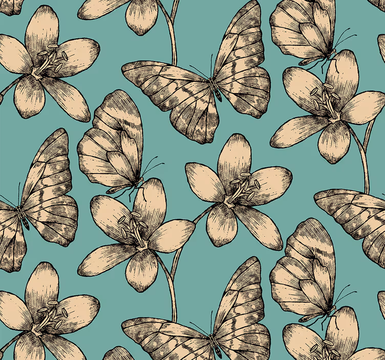 Beige bloemen op blauwe achtergrond vlinders behang - TenStickers