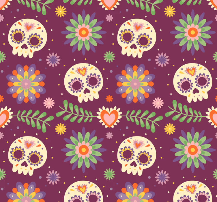 Rustiek schedelbloemmotief halloween behang - TenStickers