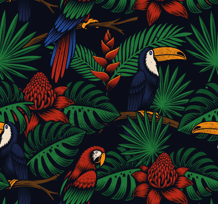 Dierenprint behang jungleplanten en papegaaien - TenStickers