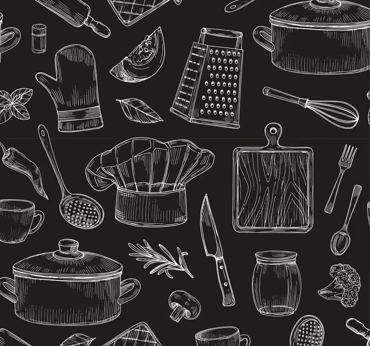 Schetsen van keukengerei keuken behang - TenStickers