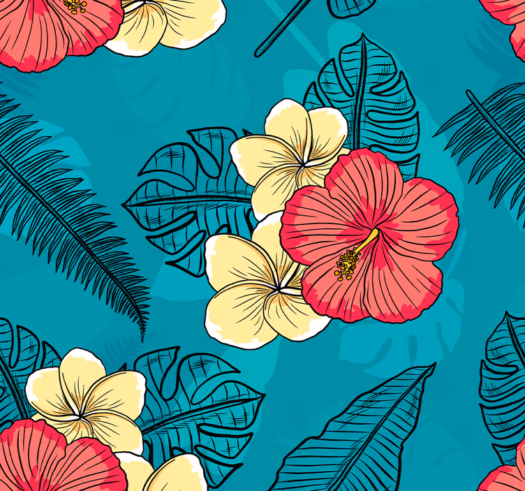 Tropisch hibiscuspatroon behang bloemen - TenStickers