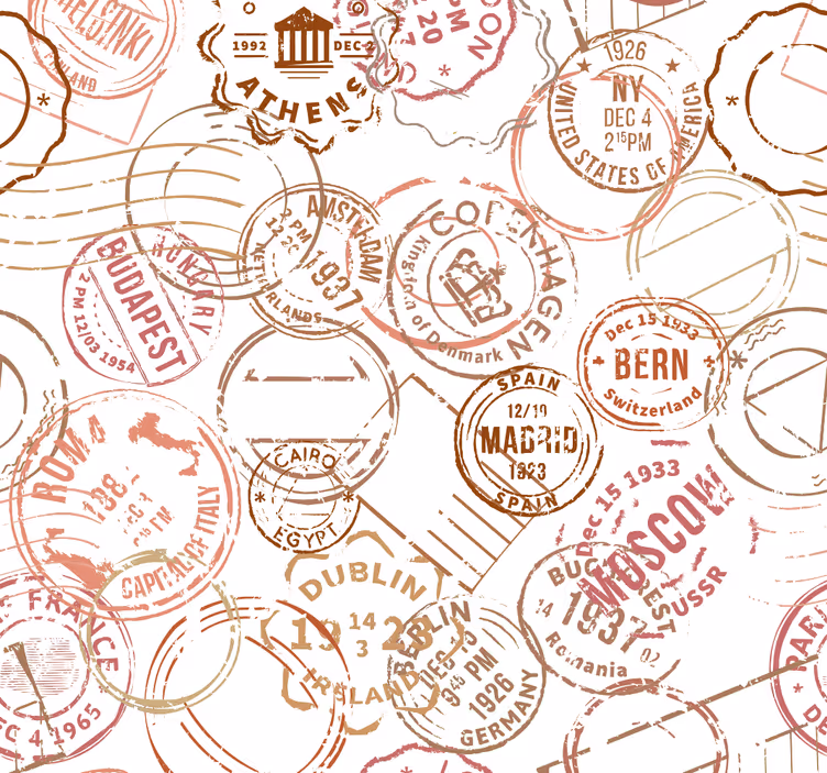 Gestempeld paspoortmotief behang landen en steden - TenStickers