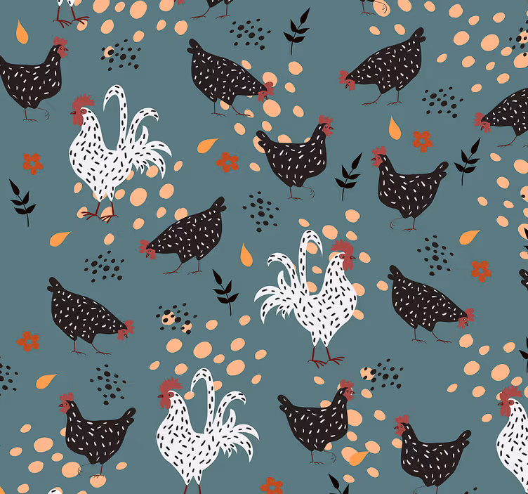 Keuken behang Zwart-witte kippen met bloemen - TenStickers