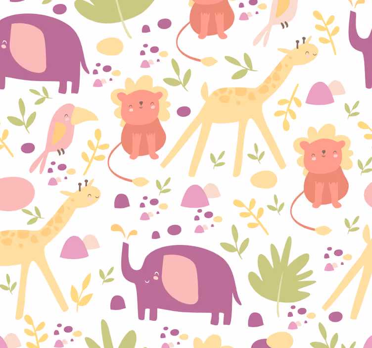 Pastelkleurige vrolijke dieren babykamer behang - TenStickers