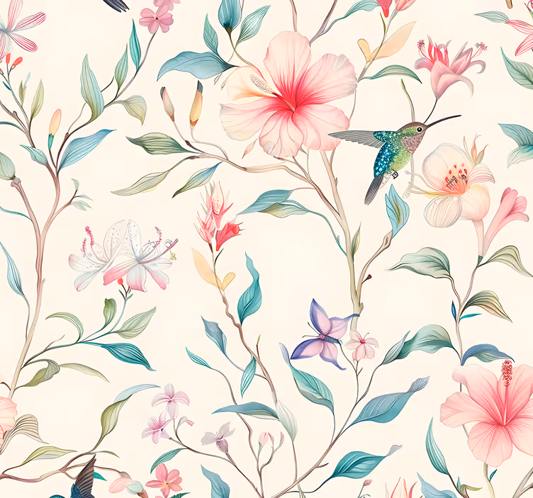 Bloemen- en kolibriepatroon behang bloemsierkunst - TenStickers