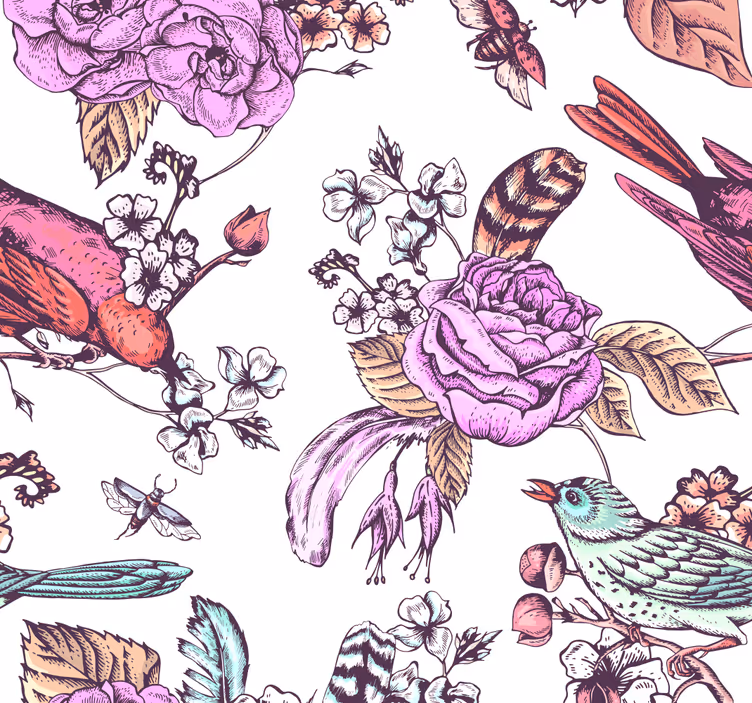 Bloemen vogelontwerp behang bloemsierkunst - TenStickers