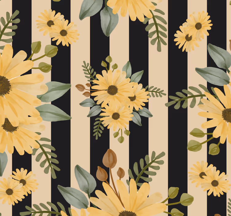 Gestreept zonnebloempatroon behang bloemsierkunst - TenStickers