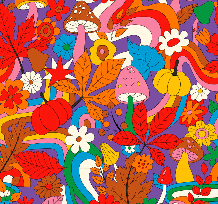 Retro kleurrijke psychedelische bloemen behang - TenStickers