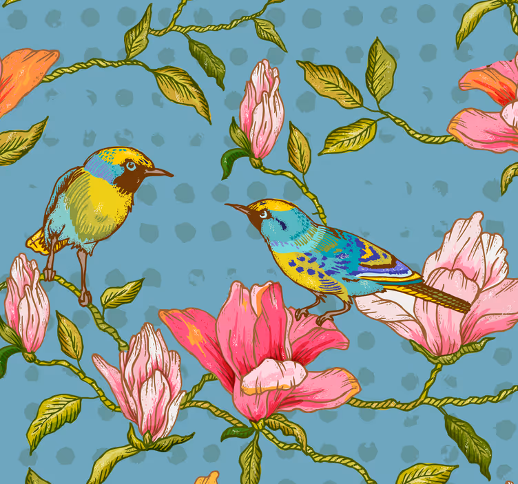 Bloemen behang Gele vogels met bloemen - TenStickers