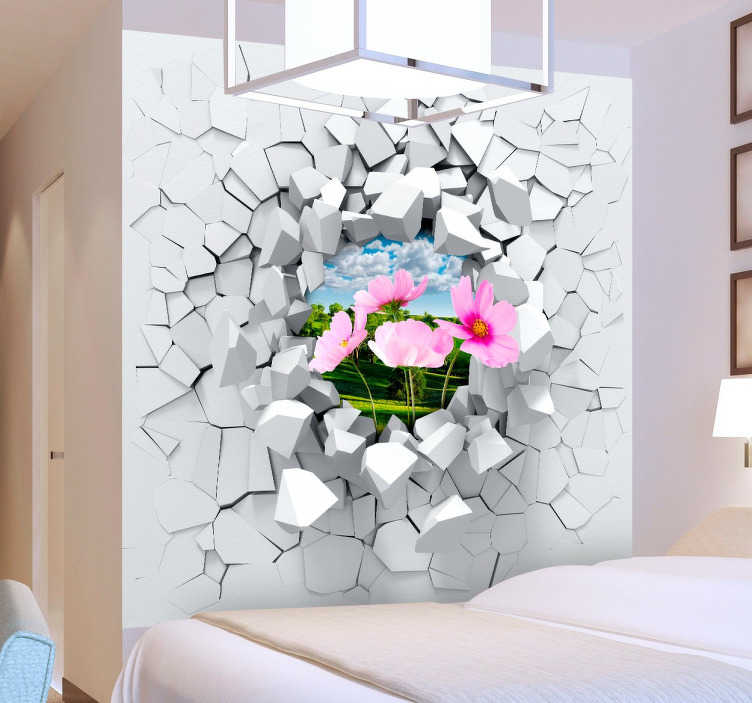 TenStickers. 3D Muur Explosie Sticker. Maak een leuke illusie op uw muur met deze grote 3D-muur sticker! Personaliseer de sticker met een beeld van de achtergrond die je leuk vindt.