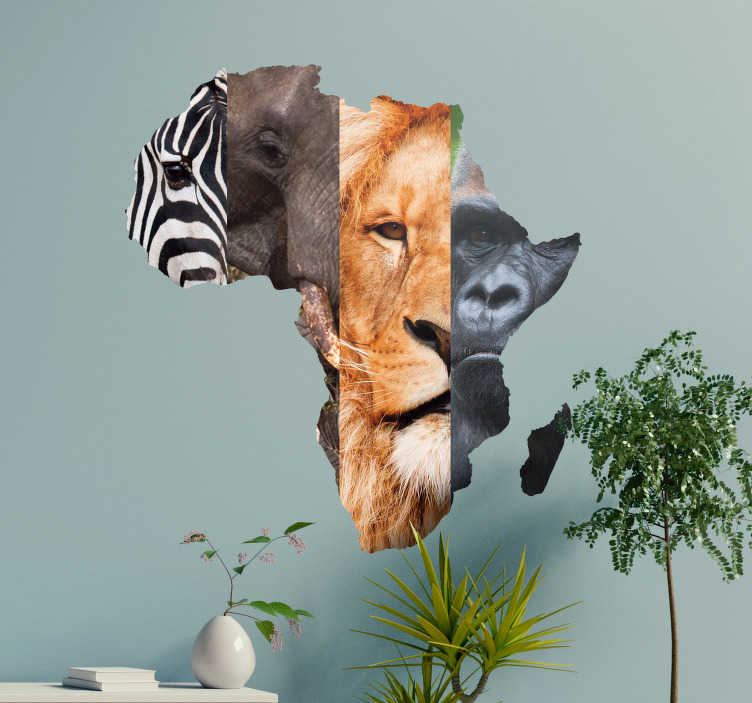 TenStickers. Afrikaanse dieren muursticker. Decoreer uw woning met deze muursticker die een gorilla, leeuw, olifant en zebra afbeeldt in de vorm van het Afrikaanse continent.