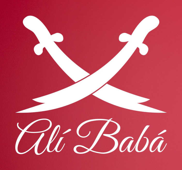 TenStickers. Ali Baba Zwaarden Muursticker. Deze sticker toont twee gekruiste zwaarden met daaronder de tekst "Ali Baba" gebasseerd op de beroemde film "The Arabian Nights". Ervaren ontwerpteam.
