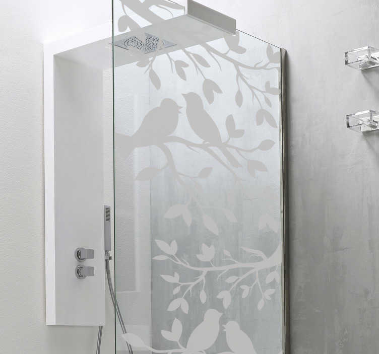 TenStickers. Badkamer sticker vogels op tak douchedeur. Begin de dag fluitend met deze vogelsticker voor op de douchedeur. U vindt op de sticker een patroon van 2 vogels op een tak van een boom.