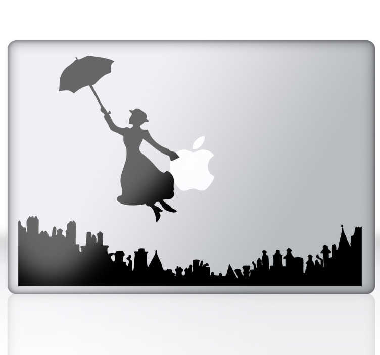 TenStickers. Laptopsticker Mary Poppins. Laptopsticker van de beroemde Disney-ster Mary Poppins die over een stad vliegt met haar paraplu. Kleur en afmetingen aanpasbaar. Eenvoudig aan te brengen.