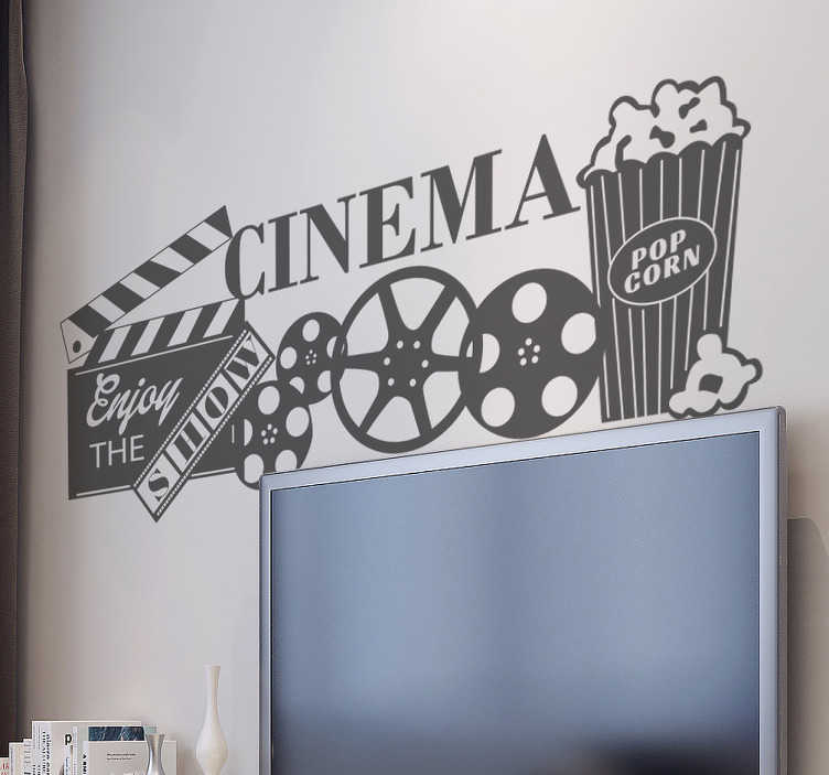 TenStickers. Muursticker cinema. Deze muursticker brengt het bioscoop gevoel wel op een hele leuke manier in uw woning. Kleur en afmetingen aanpasbaar. Voordelig personaliseren.