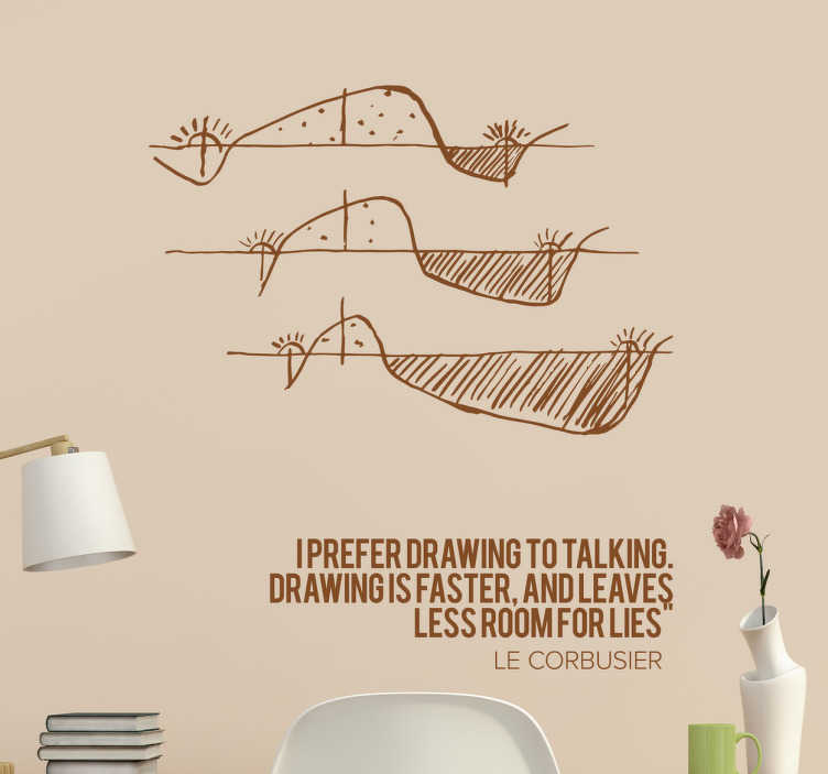TenStickers. Muursticker citaat Le Corbusier. Muursticker citaat Le Corbusier, met de tekst; ¨I prefer drawing to talking. Drawing is faster, and leaves less room for lies¨.