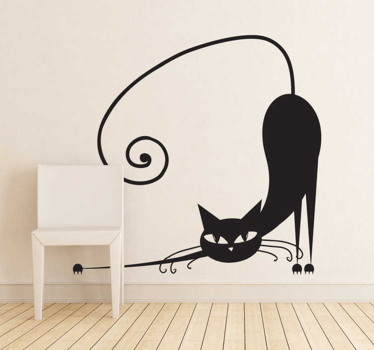 TenStickers. Muursticker Decoratieve Kat. Een creatieve en unieke muursticker van een kat die zichzelf uitstrekt. Verkrijgbaar in verschillende kleuren en maten. 10% korting bij inschrijving.