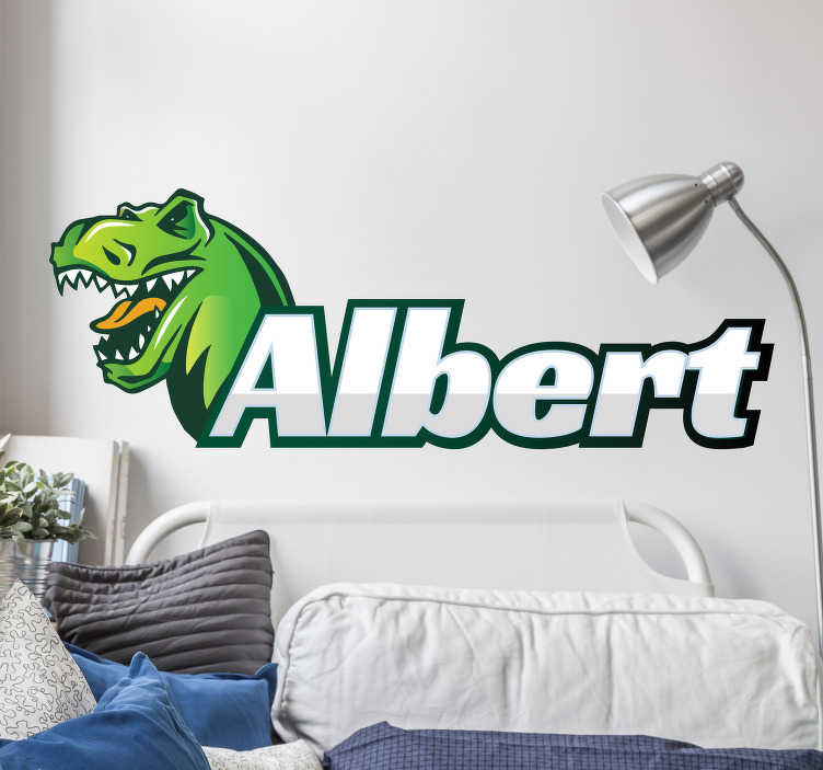 TenStickers. Muursticker dinosaurus personaliseerbaar. Personaliseer de kamer met deze dinosaurus muursticker en maak de kamer helemaal af. De sticker heeft een dinosaurus hoofd met daarnaast een persoonlijke naam.