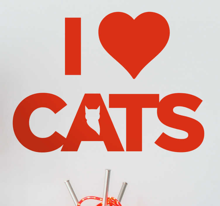 TenStickers. Muursticker I love Cats. Muursticker bedrukt met de zin I love Cats, het woord love word hier afgebeeld door middel van een hartje en in de a van cats zie je een kat.