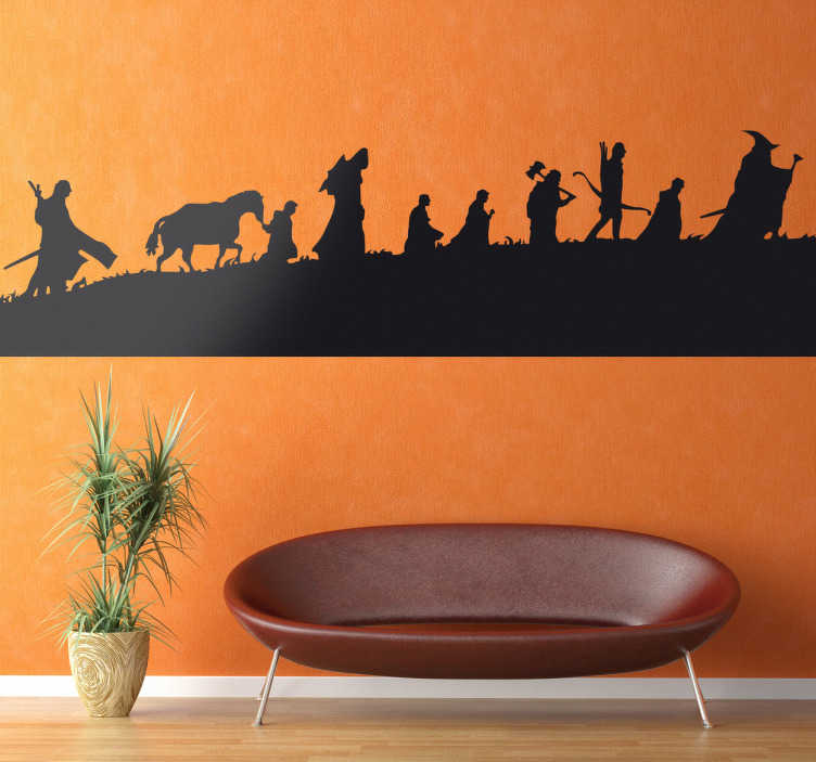 TenStickers. Muursticker Lord of the Rings Personages. Een prachtige muursticker die verschillende silhouetten weergeeft uit de film Lord of the Rings. Kleur en afmetingen aanpasbaar. Dagelijkse kortingen.