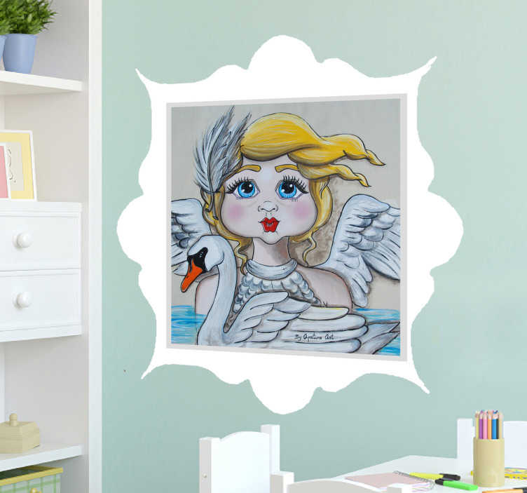 TenStickers. Muursticker Sprookje zwanenmeer. Muursticker bedrukt met een meisje en een zwaan uit het sprookje Het Zwanenmeer. Verkrijgbaar in verschillende afmetingen. Ervaren ontwerpteam.