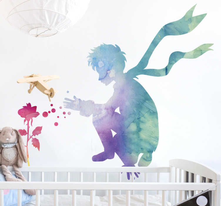 TenStickers. Muursticker water jongen. Een wandsticker van een jonge die een handreiking doet naar een bloem, de gehele sticker is weergegeven in een prachtige multi colour optie.