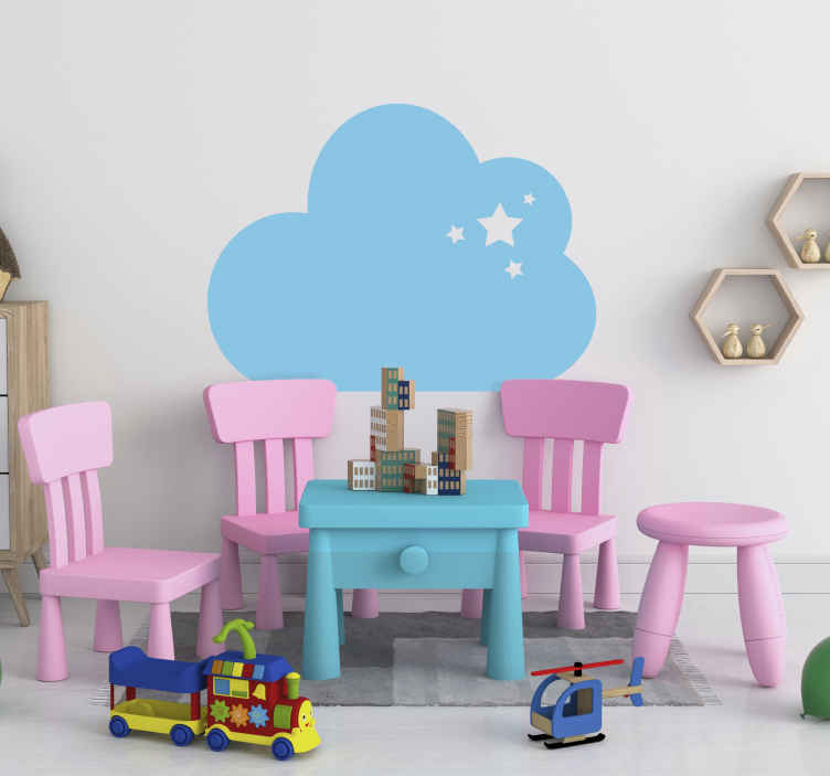 TenStickers. Muursticker wolk met ster. Een muursticker van een getekende wolk, met daarin 4 sterren in verschillende formaten. Verkrijgbaar in verschillende formaten. Voordelig personaliseren.