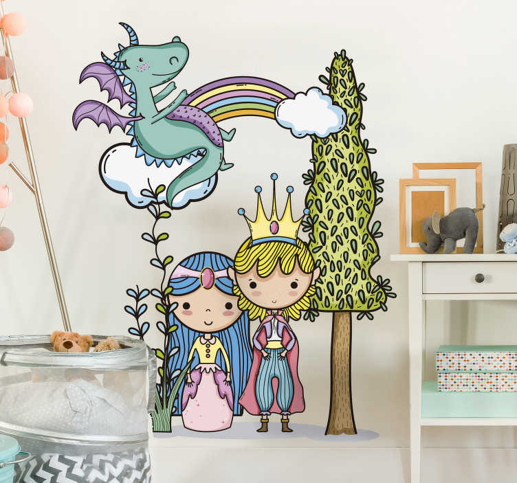 TenStickers. Kinderkamer muursticker magische wereld. Personaliseer de kinderkamer met deze magische sticker met onder andere een prins, een prinses, een unicorn en een regenboog. Eenvoudig aan te brengen.