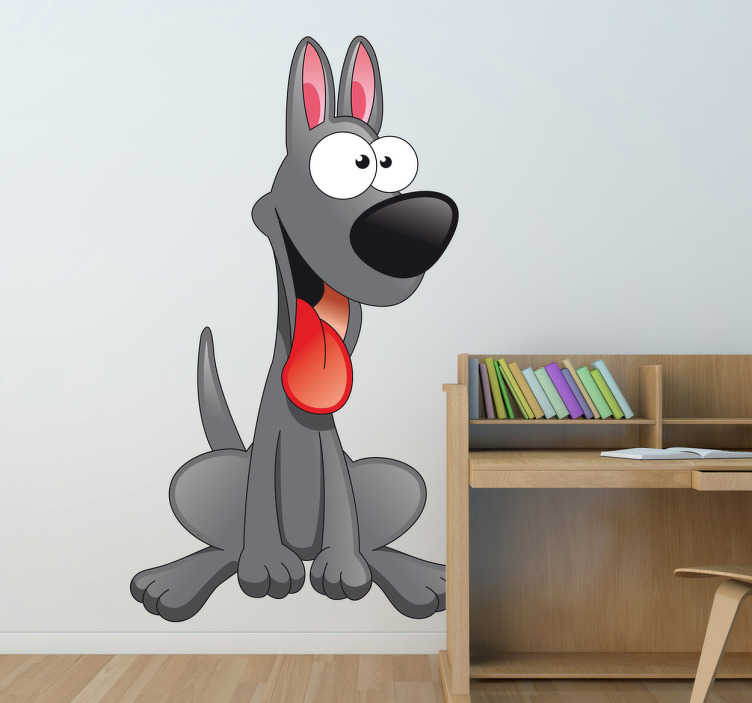 TenStickers. Sticker grijze vrolijke hond. Interieursticker van een mooie grijze hond die wacht op zijn balletje.  Een leuke decoratie voor de speelhoek of slaapkamer van uw kinderen.