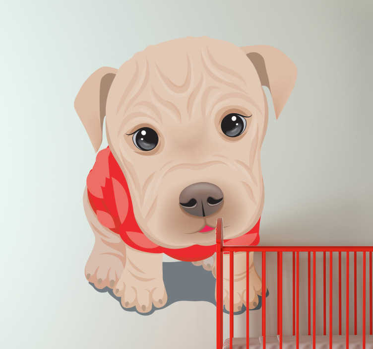 TenStickers. Sticker kinderkamer schattige hond. Een leuke en schattige muursticker van deze prachtige puppy met mooie oogjes en een rood truitje aan.