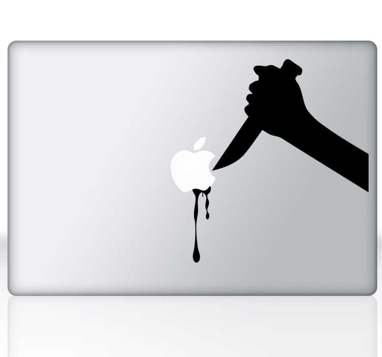TenStickers. Sticker laptop apple mes snijd in appel. Deze sticker maakt jouw laptop helemaal origineel! Het lijkt alsof iemand met een mes de appel van het Apple logo snijd!