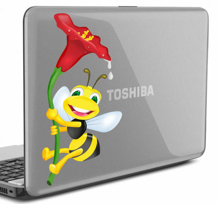 TenStickers. Sticker laptop bloemen bij. Een leuke laptop sticker voor het decoreren van je laptop! Versier je laptop met deze leuke sticker een bij dat aan een mooie rode bloem hangt!