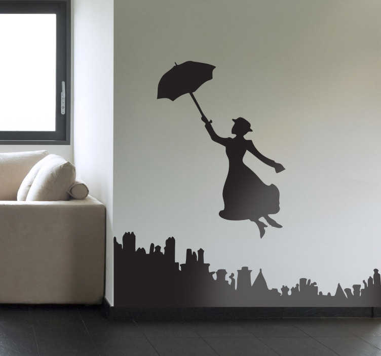 TenStickers. Sticker Mary Poppins. Een silhouet sticker illustratie van de beroemde Disney nanny van Londen, die samen met haar magische paraplu reisde.