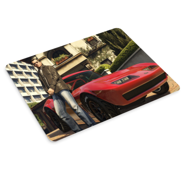 Gaming muismat personage naast rode voertuig - TenStickers
