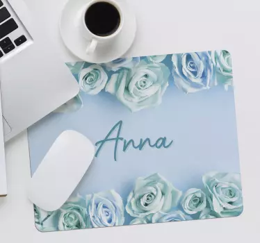 Muismat met naam elegante blauwe rozen - TenStickers