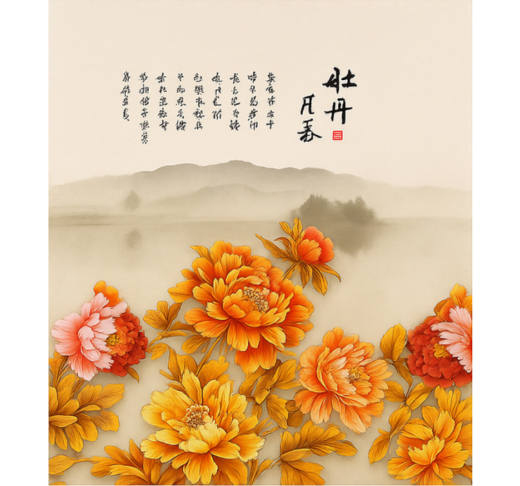 Pioenroos landschapskunst rolgordijn woonkamer - TenStickers