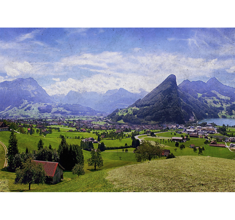 Rolgordijn woonkamer huizen op een groen veld met bergen - TenStickers