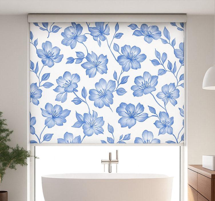Blauw en wit bloemenmotief rolgordijn hoofd slaapkamer - TenStickers